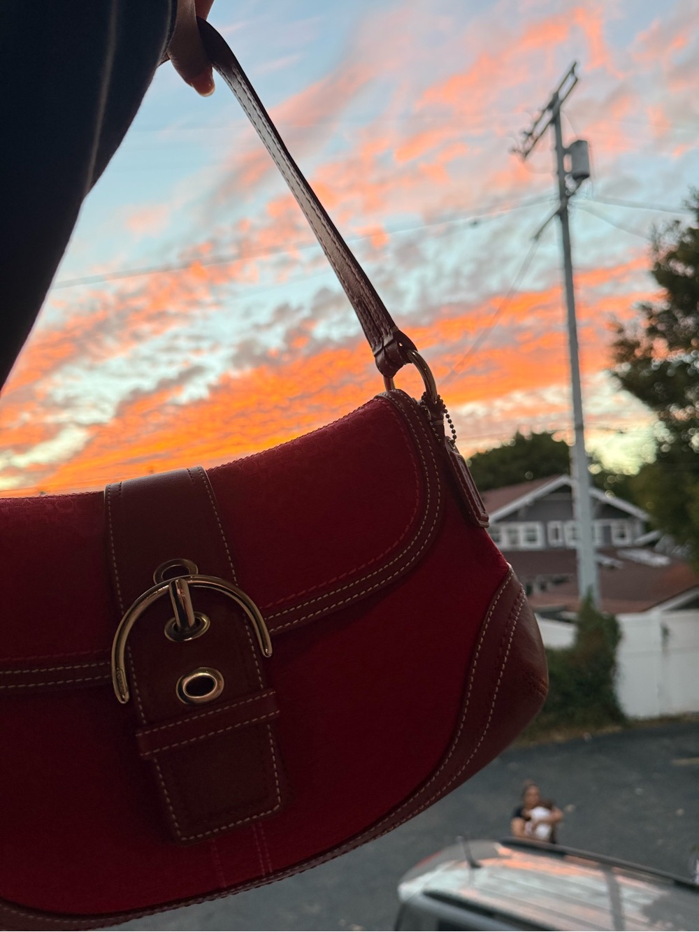Coach Red Suede Shoulder Bag with Brown Trim and Gold Hardware